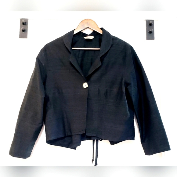 Vintage Tea & Scones Silk Crop Jacket Womens L Black Tie Back 1 Button Top - Picture 1 of 10